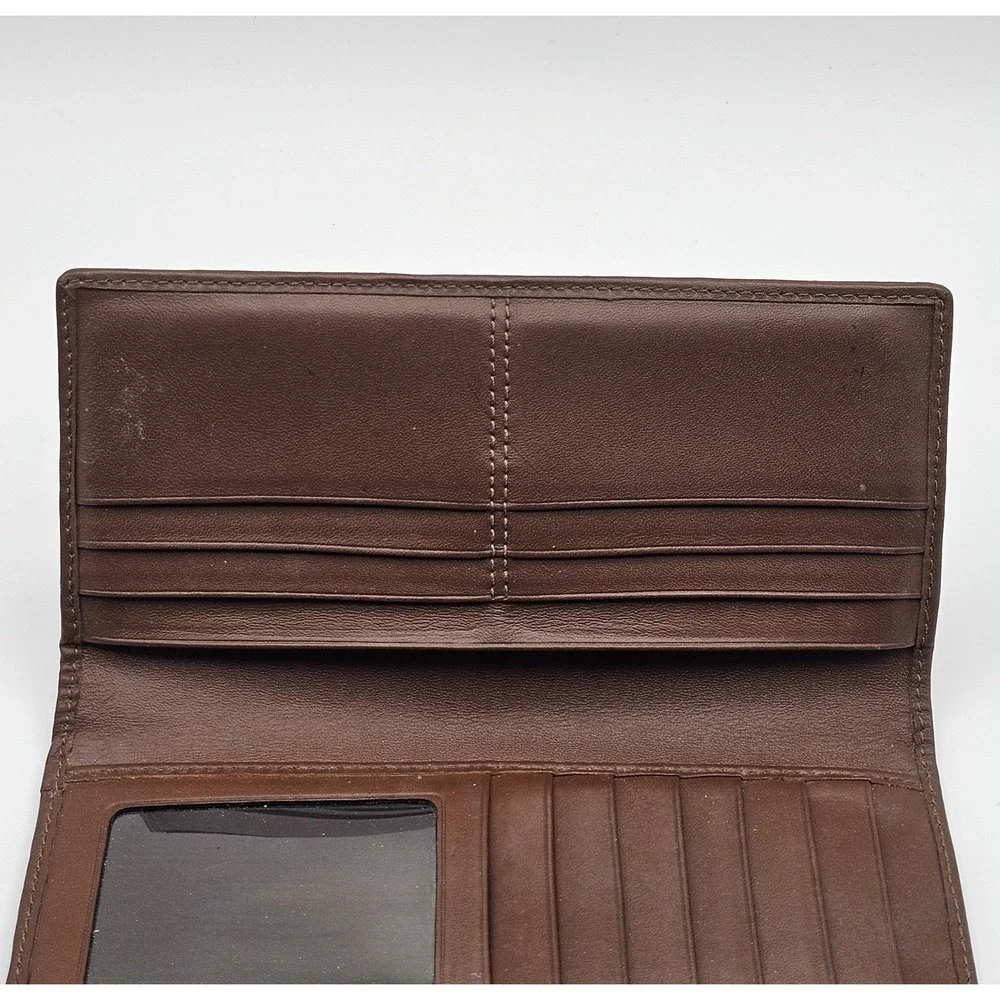 Coach Signature C Monogram Brown Leather Trim Trifold Wallet Pleated